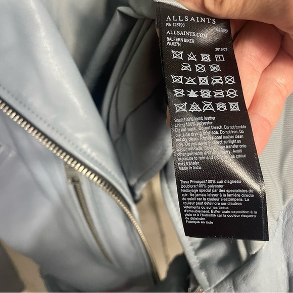 All Saints Moto Biker Zippered Belted 100% Lamb Leather Jacket size 0 Blue Gray - Picture 11 of 11
